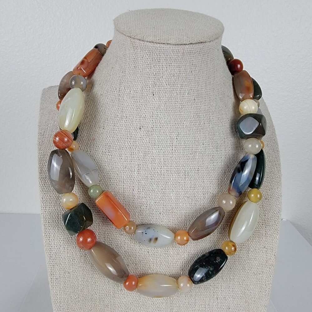 Vtg. 60's Multicolor Agate Gemstone Beaded Necklace 12K Spring Ring Clasp 34"